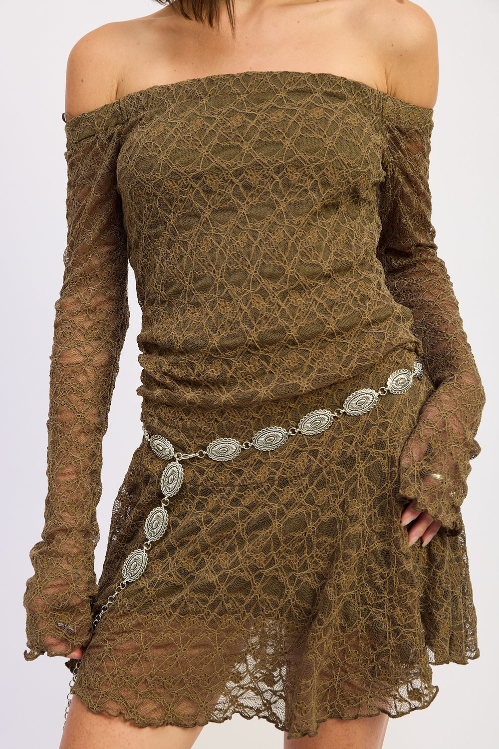 Olive Off Shoulder Lace Mini Dress