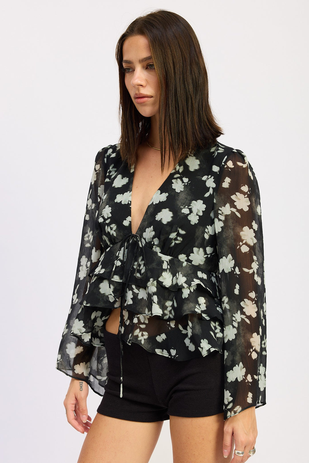 Floral Tie Front Ruffled Blouse