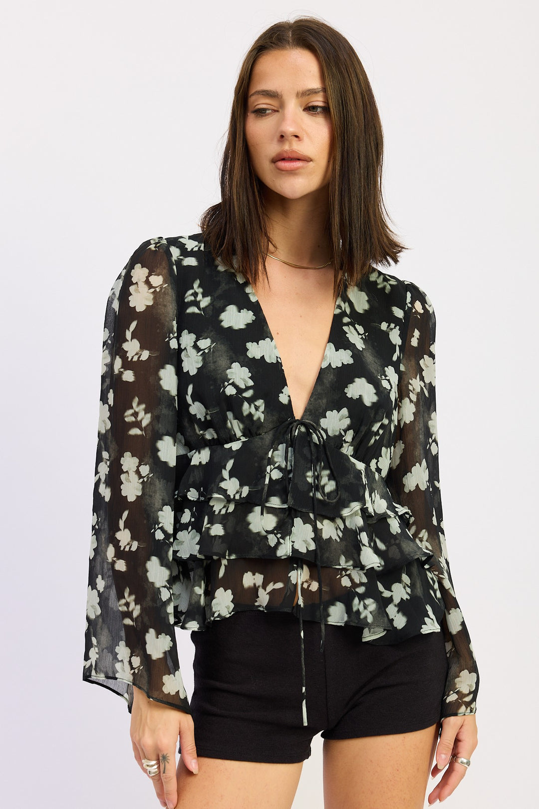 Black Floral Tie Front Ruffled Blouse