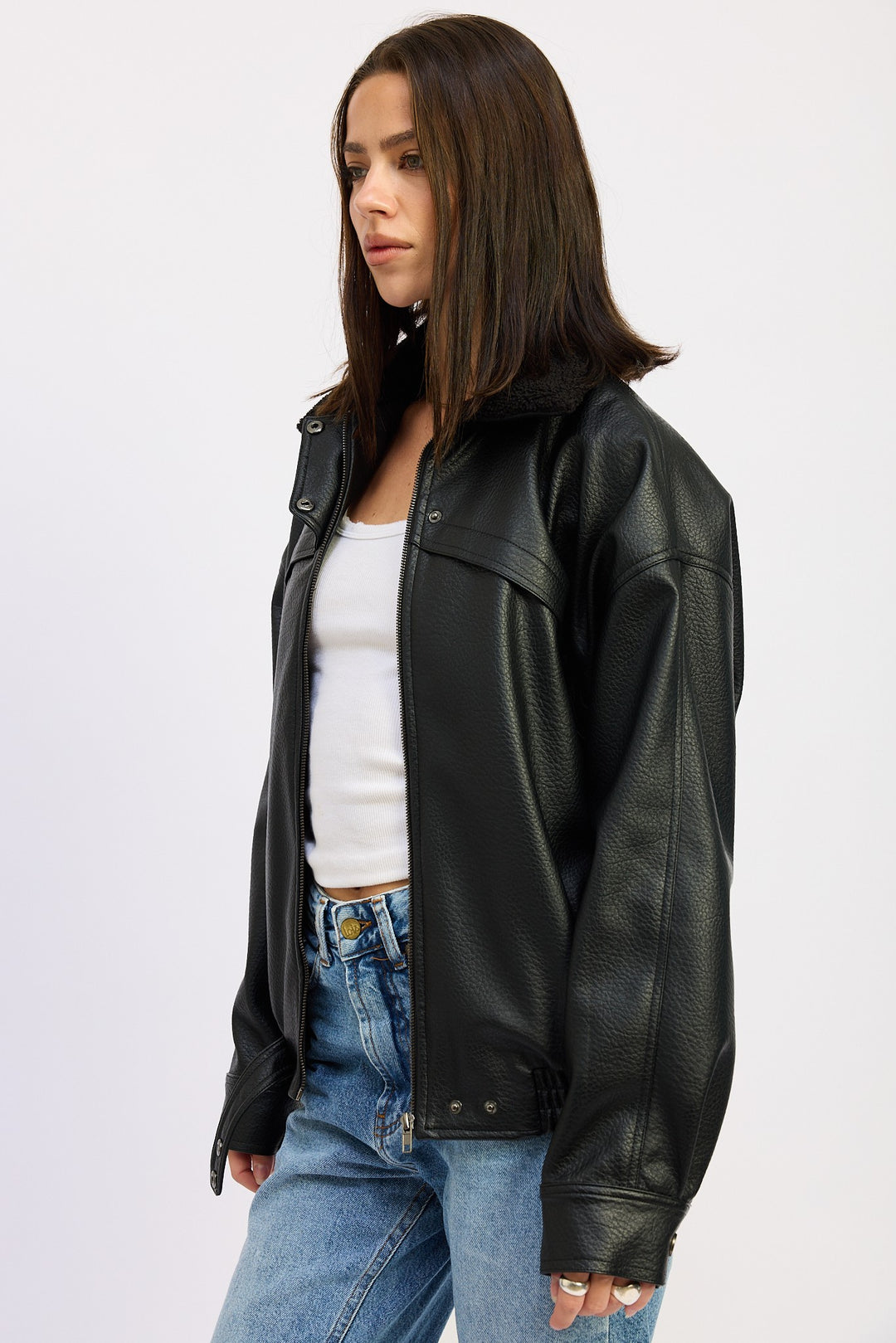 Shearling Collar Vegan Leather Jacket