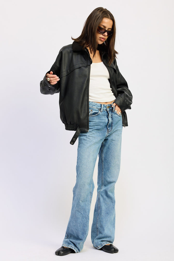 Shearling Collar Vegan Leather Jacket