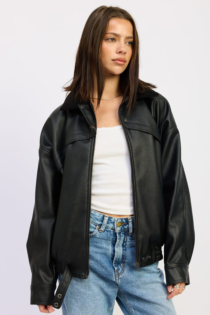 Black Shearling Collar Vegan Leather Jacket