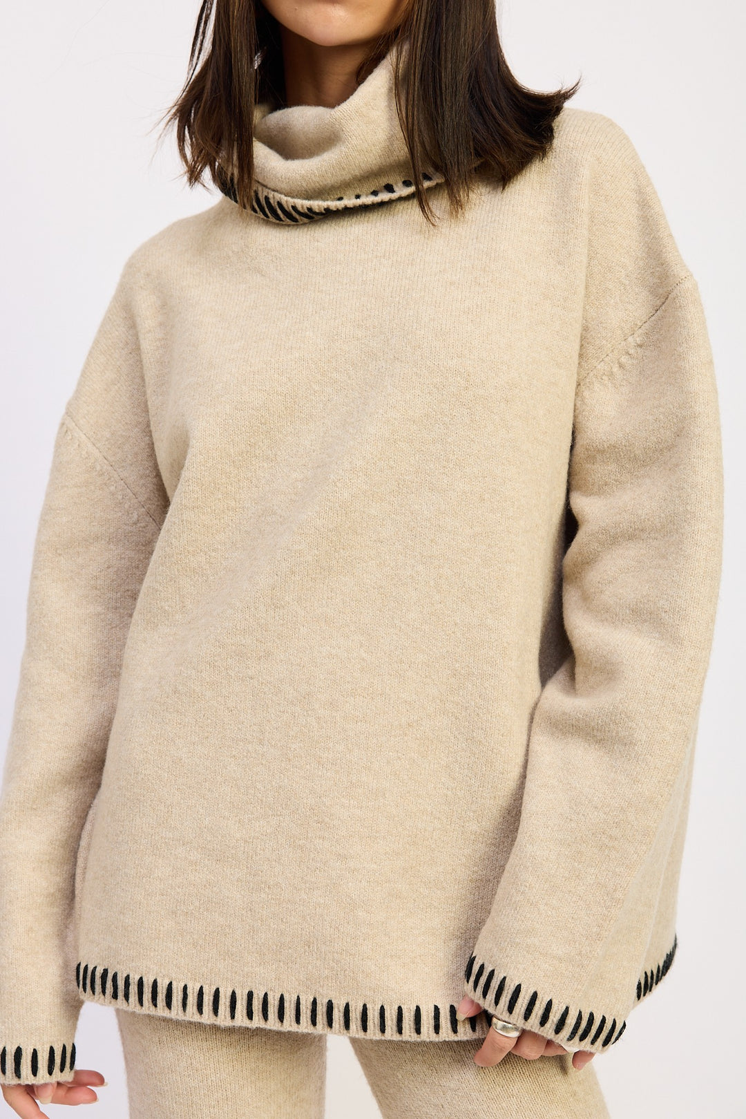 Taupe Oversized Turtle Neck Sweater With Stitching