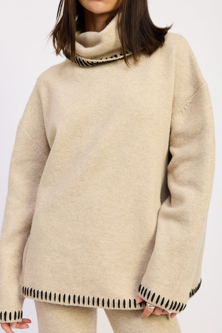 Taupe Oversized Turtle Neck Sweater With Stitching
