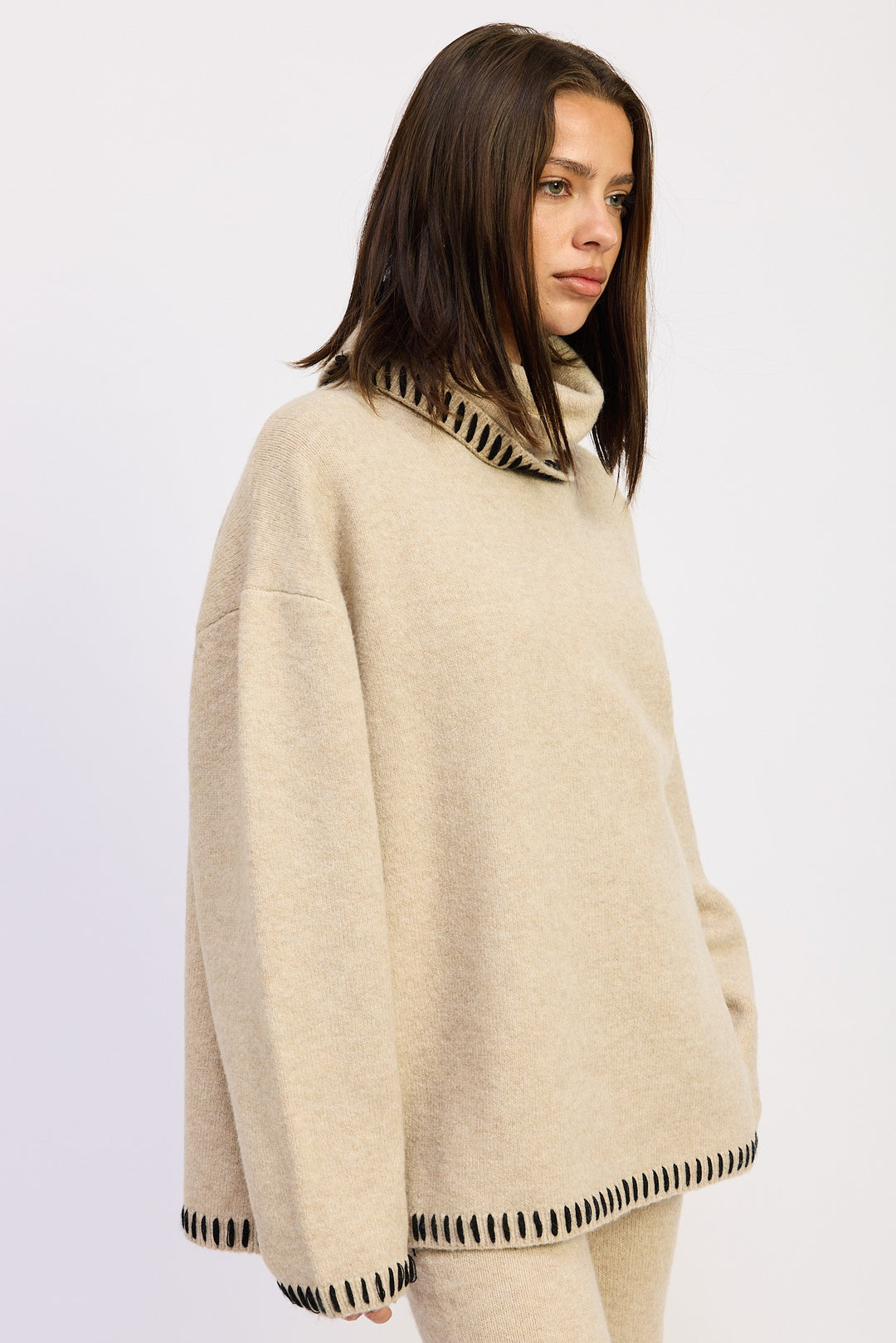 Oversized Turtle Neck Sweater With Stitching