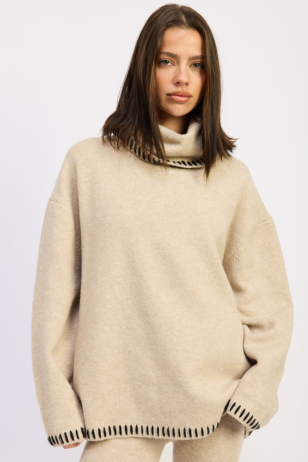 Taupe Oversized Turtle Neck Sweater With Stitching