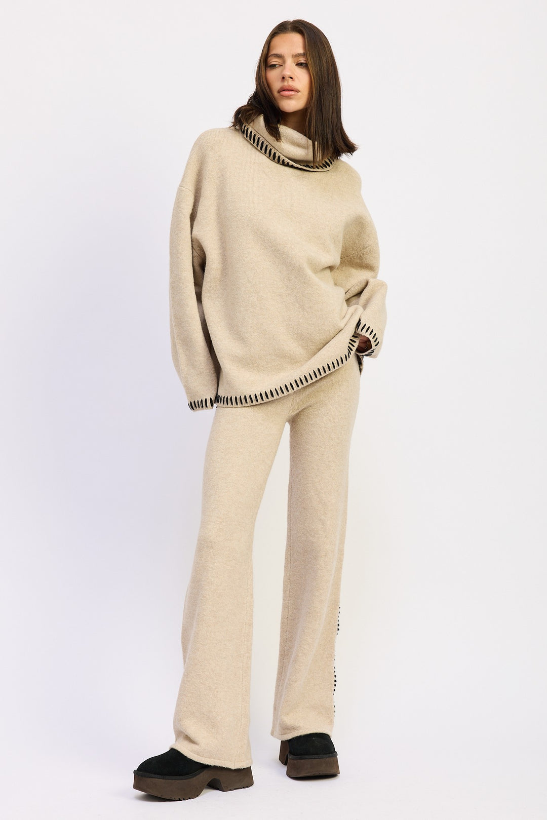 Taupe Oversized Turtle Neck Sweater With Stitching