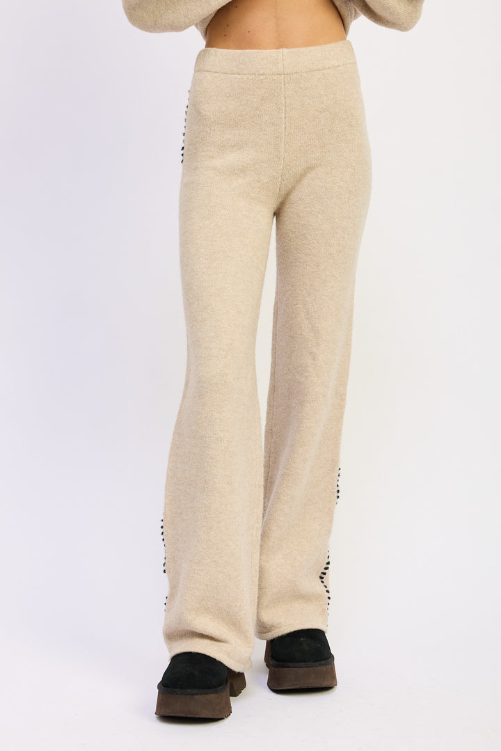 Taupe Wide Leg Pants With Blanket Stitching