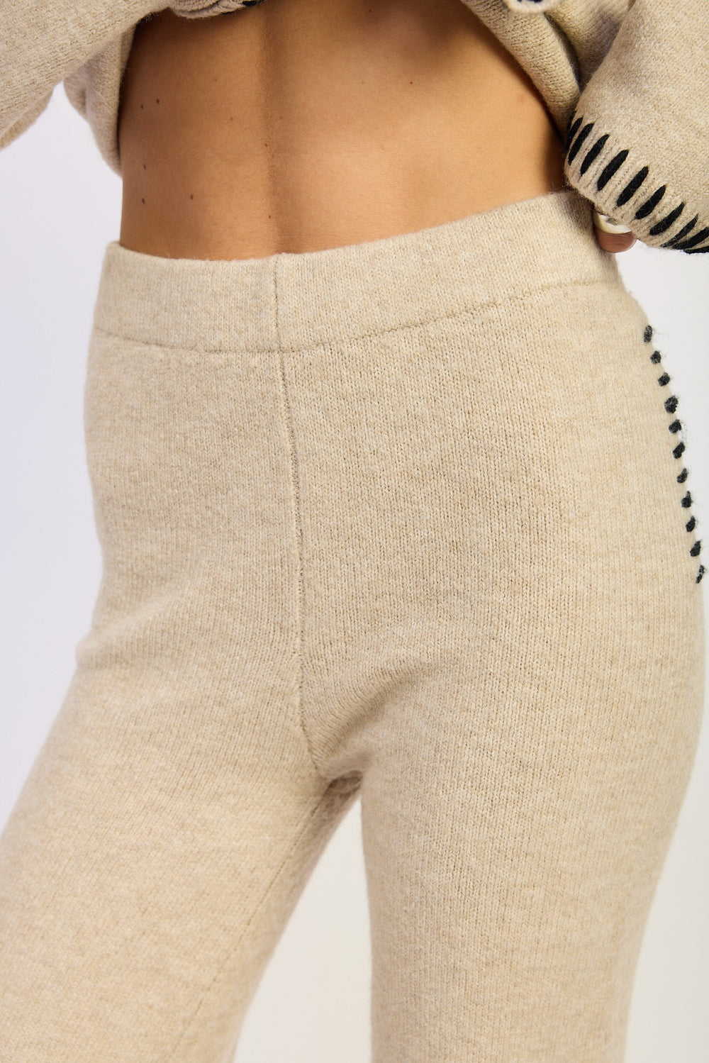 Taupe Wide Leg Pants With Blanket Stitching