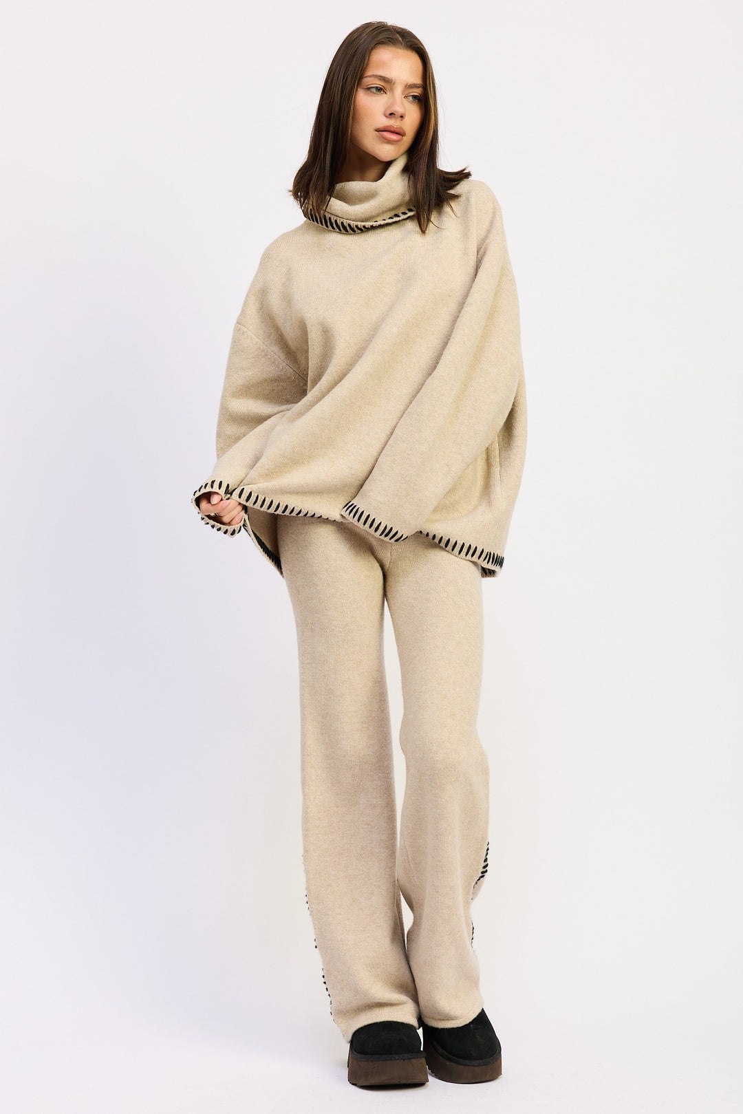 Wide Leg Pants With Blanket Stitching