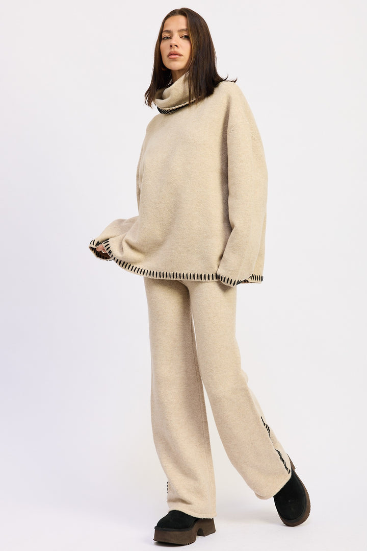 Wide Leg Pants With Blanket Stitching