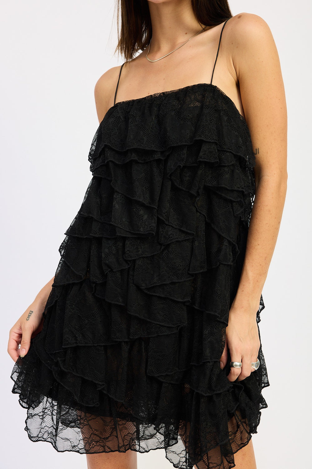 Black Lace Ruffle Mini Dress With Spaghetti Straps