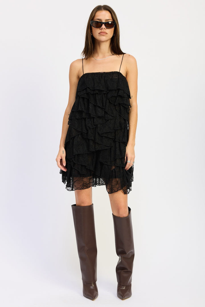Black Lace Ruffle Mini Dress With Spaghetti Straps