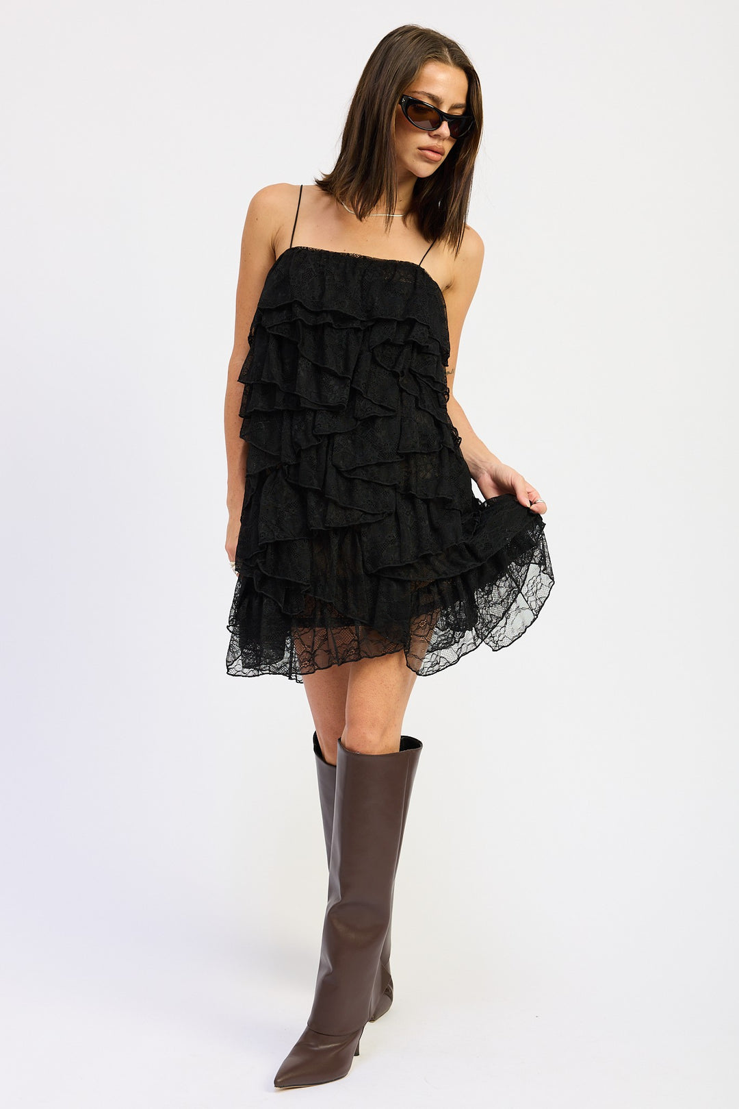 Black Lace Ruffle Mini Dress With Spaghetti Straps