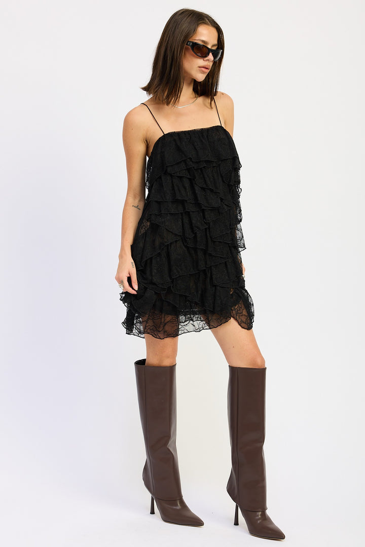 Lace Ruffle Mini Dress With Spaghetti Straps