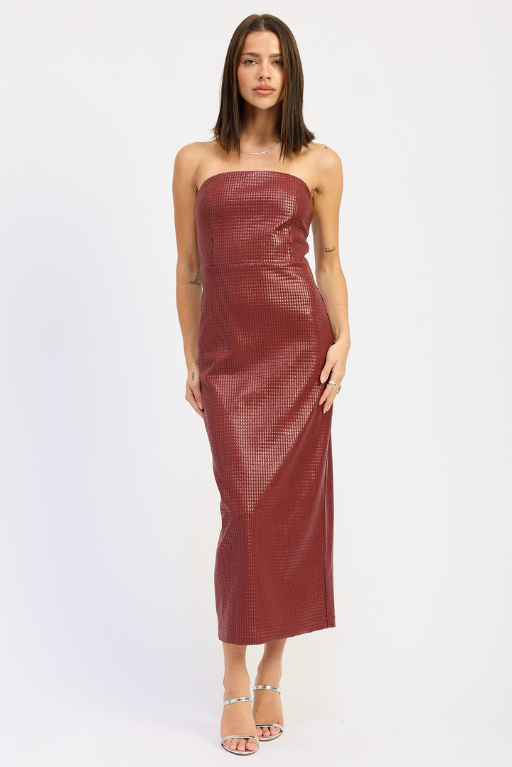 Burgundy Chintz Textured Tube Midi Dress