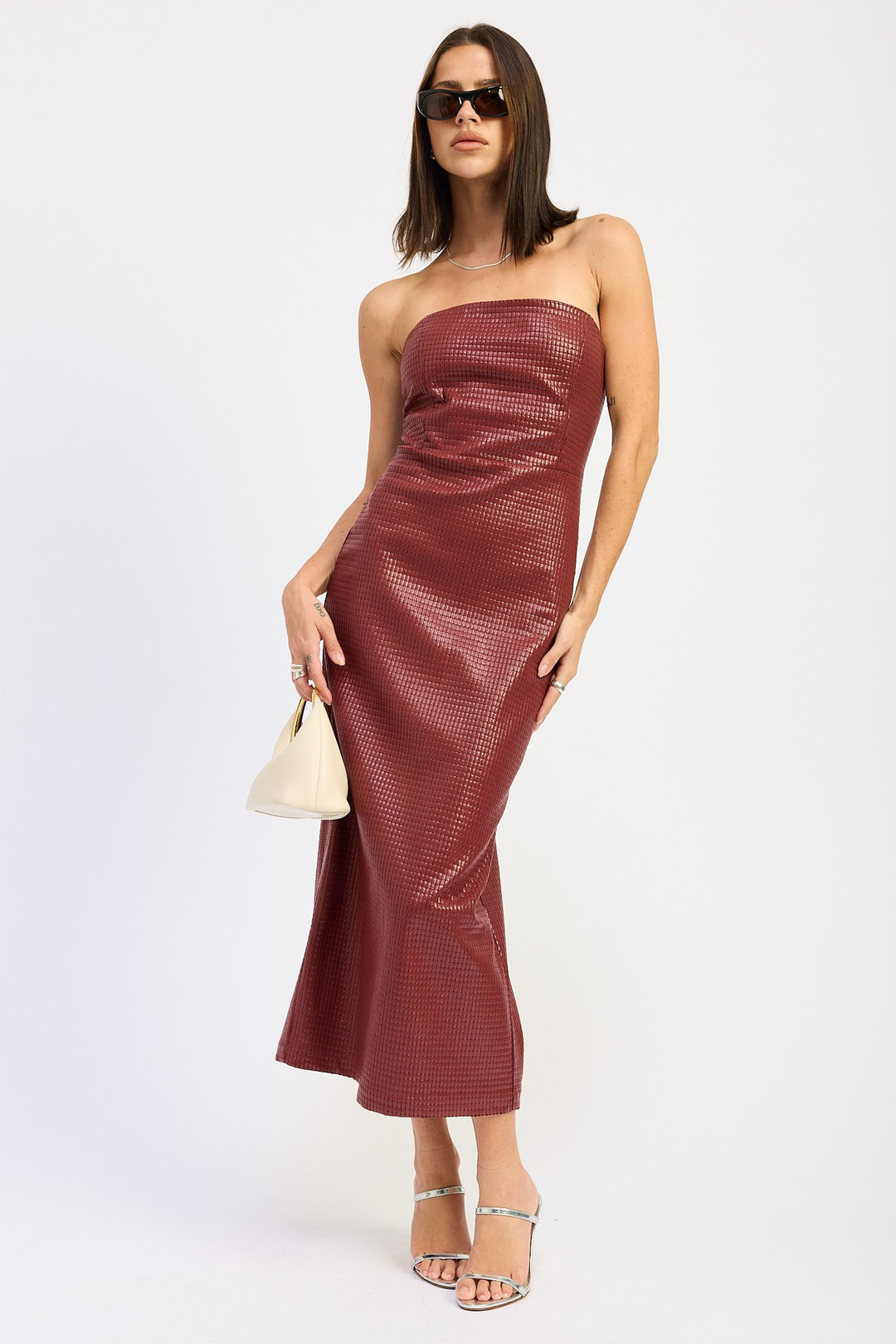 Burgundy Chintz Textured Tube Midi Dress