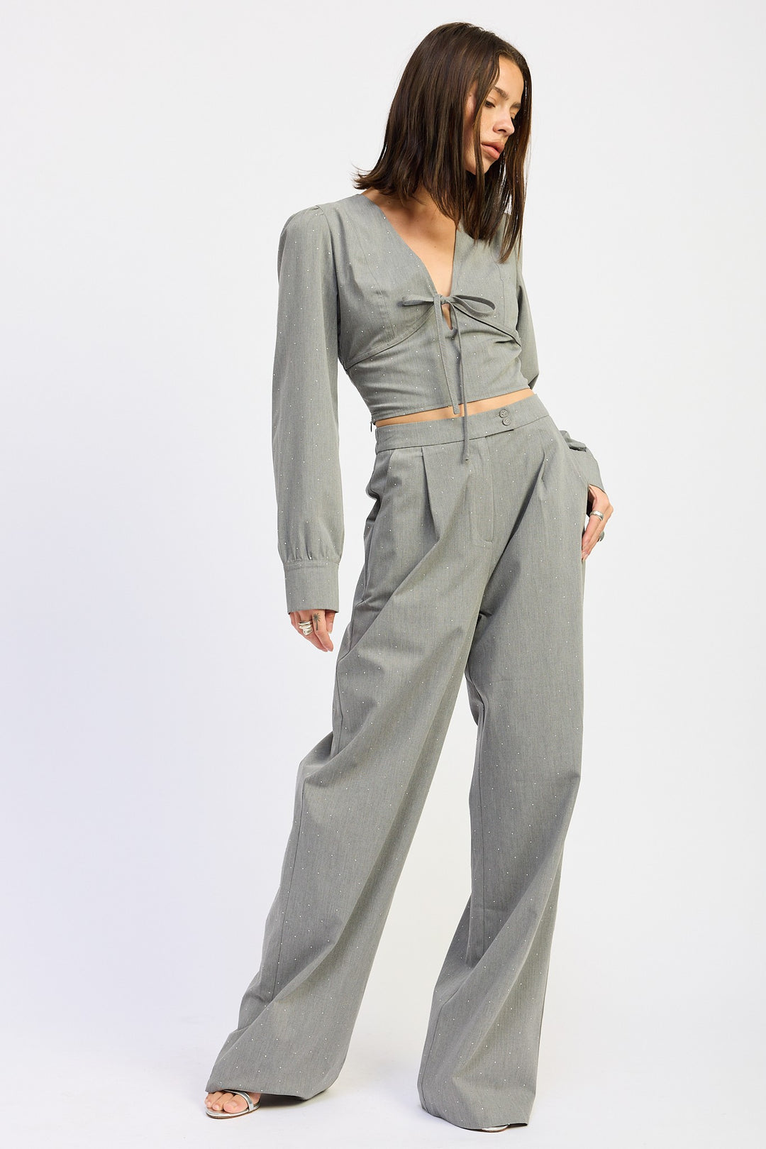 Grey Pleated Wide Leg Trouser With Rhinestones
