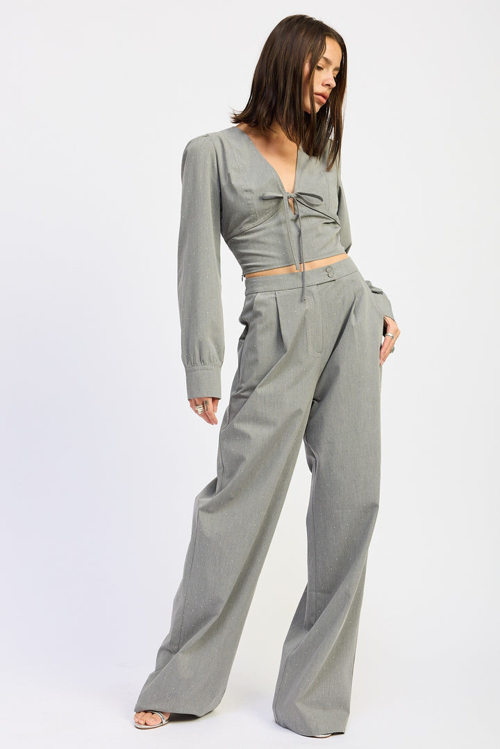 Grey Pleated Wide Leg Trouser With Rhinestones