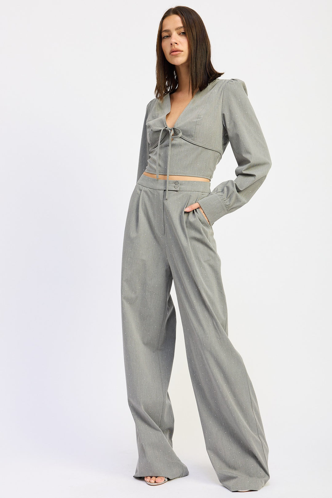 Grey Pleated Wide Leg Trouser With Rhinestones