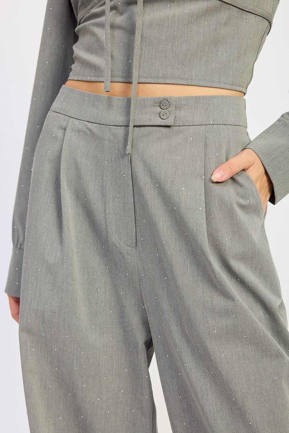 Grey Pleated Wide Leg Trouser With Rhinestones