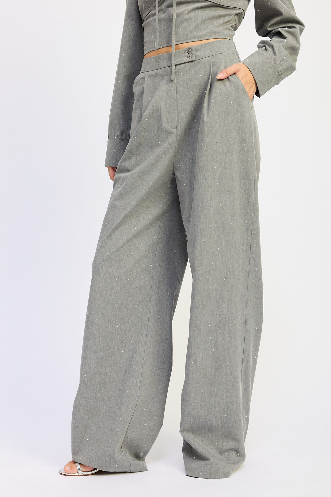 Pleated Wide Leg Trouser With Rhinestones