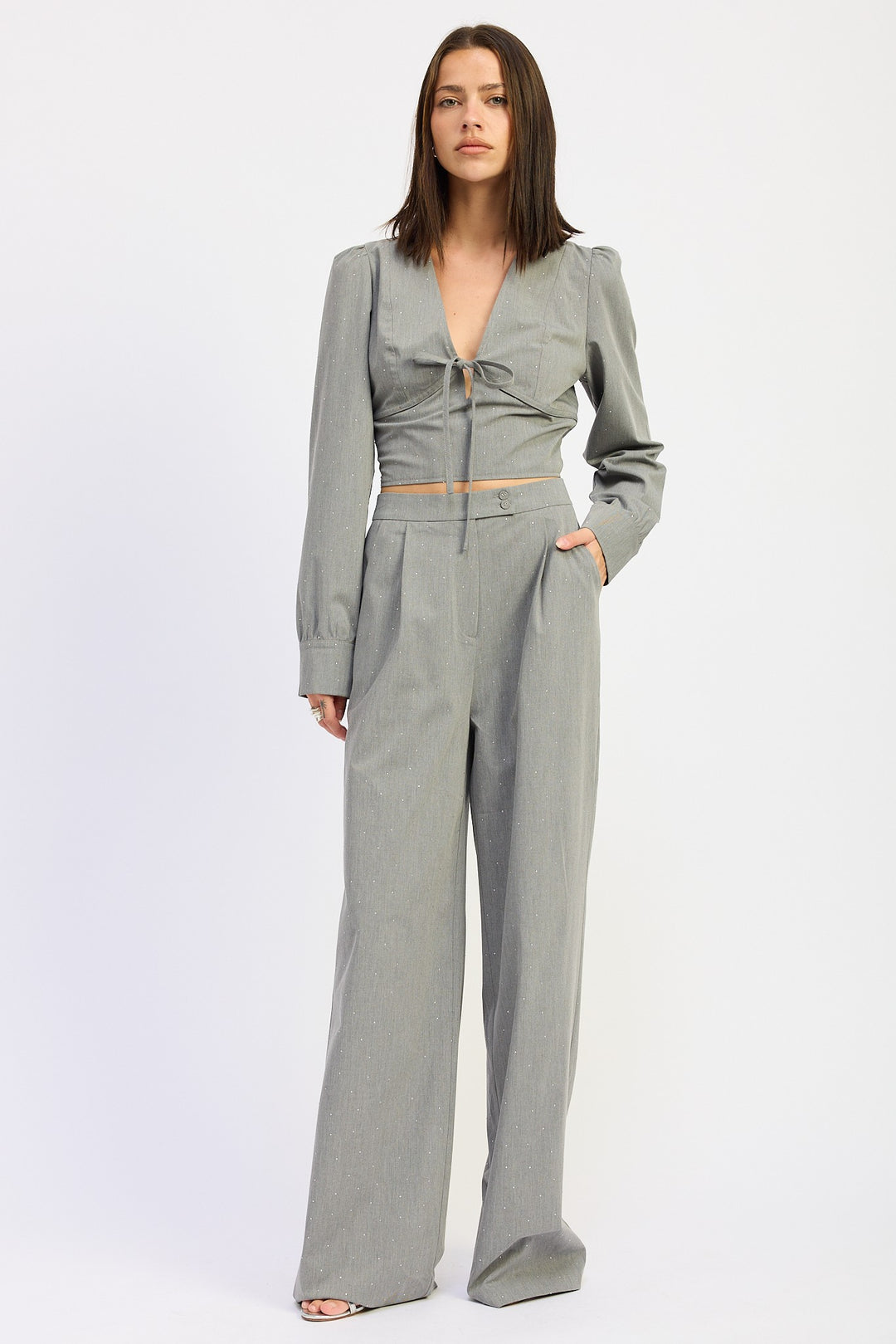 Pleated Wide Leg Trouser With Rhinestones