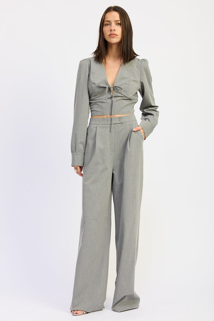 Pleated Wide Leg Trouser With Rhinestones