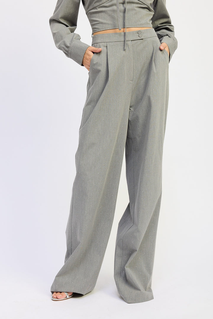 Pleated Wide Leg Trouser With Rhinestones