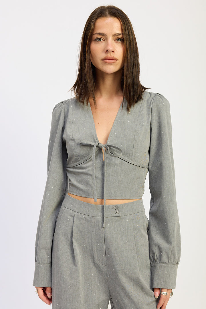 Grey V Neck Cropped Blouse With Rinestones