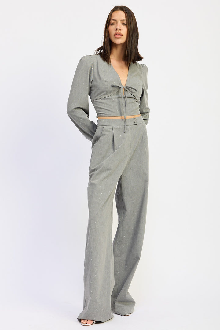 V Neck Cropped Blouse With Rinestones