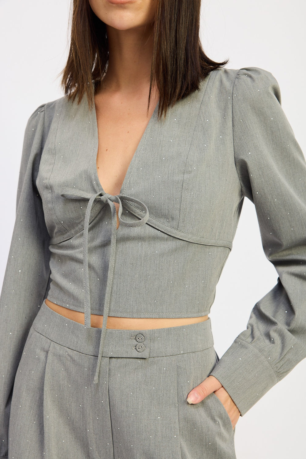 Grey V Neck Cropped Blouse With Rinestones