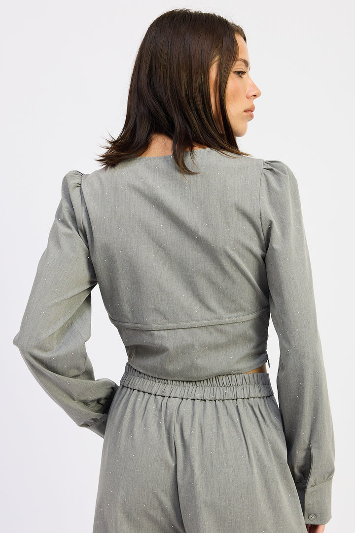 V Neck Cropped Blouse With Rinestones