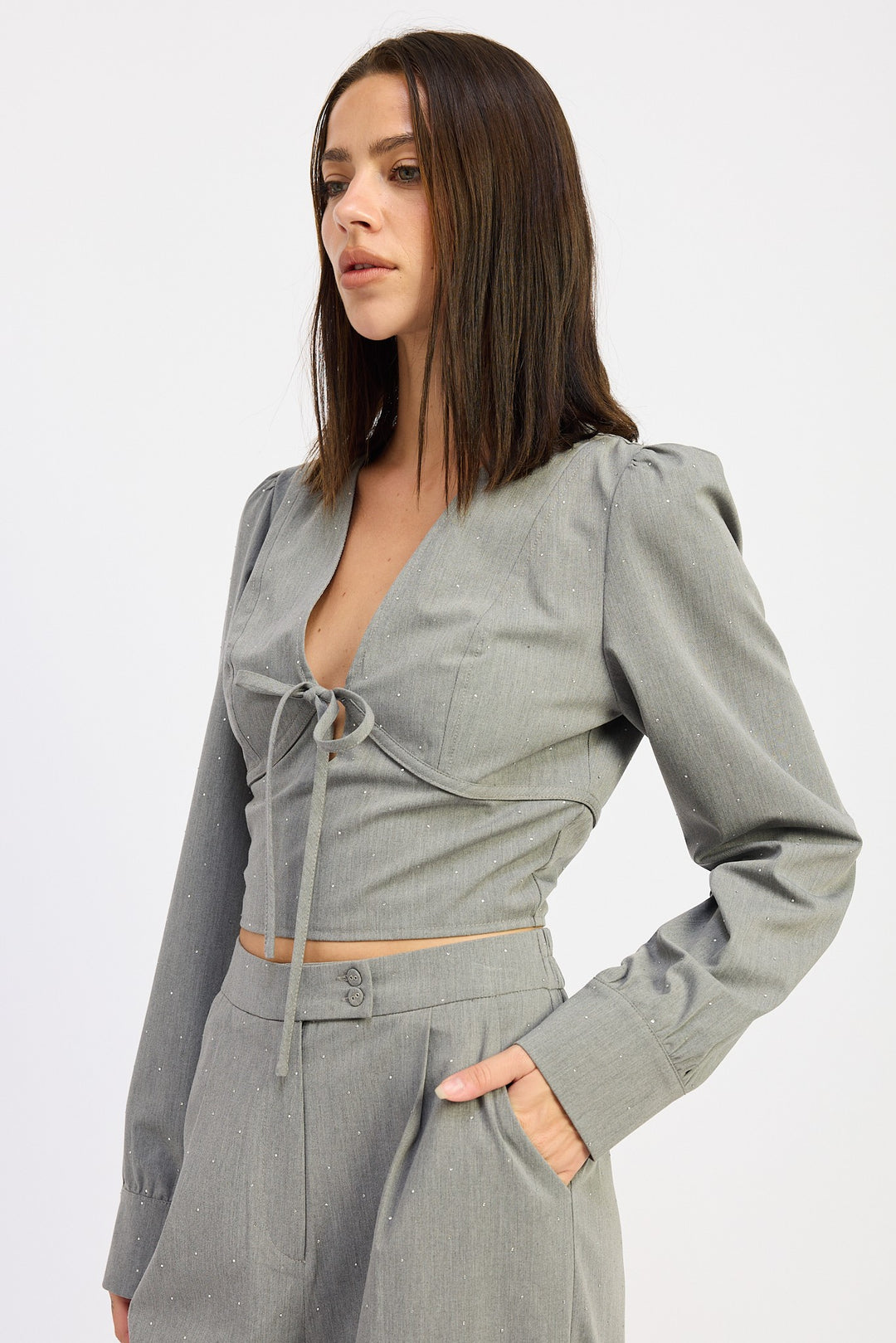 V Neck Cropped Blouse With Rinestones