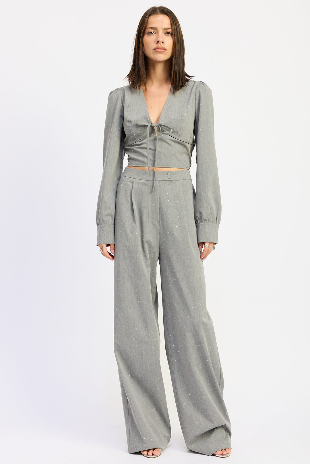 Grey V Neck Cropped Blouse With Rinestones