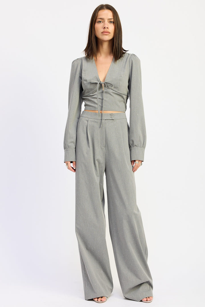 Grey V Neck Cropped Blouse With Rinestones