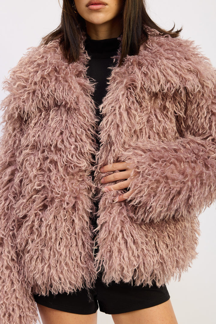 Mauve Shaggy Faur Fur Coat With Collar