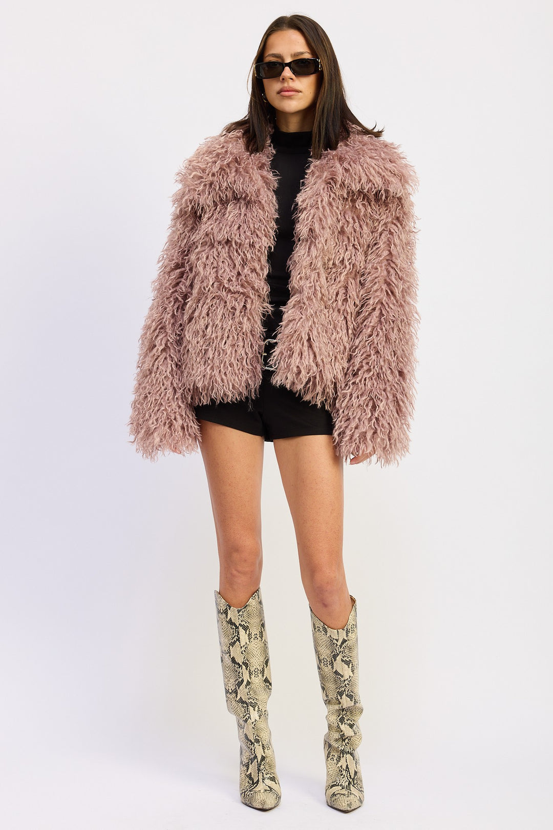Mauve Shaggy Faur Fur Coat With Collar