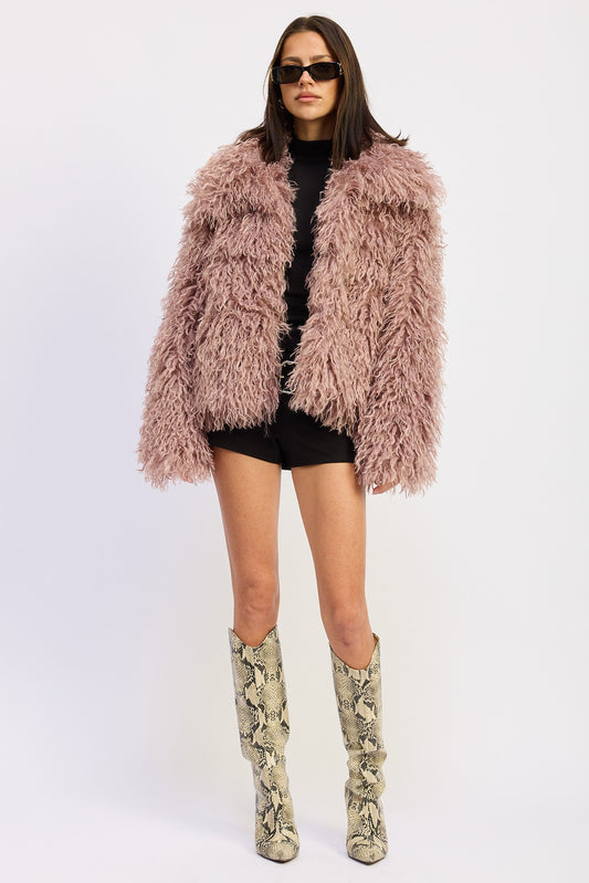 Mauve Shaggy Faur Fur Coat With Collar