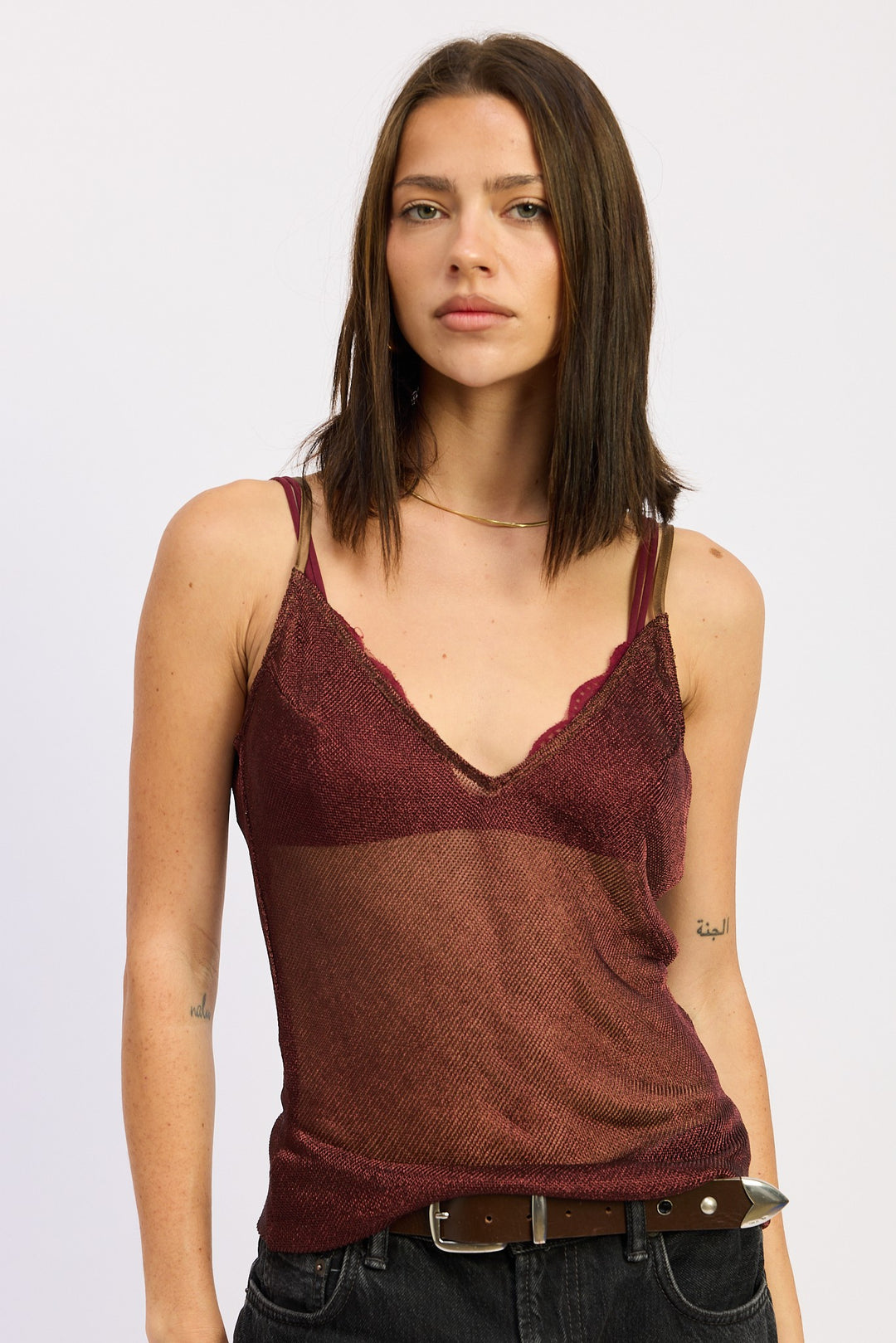 Brown Metallic Metallic Chainmail Bias Cami Top