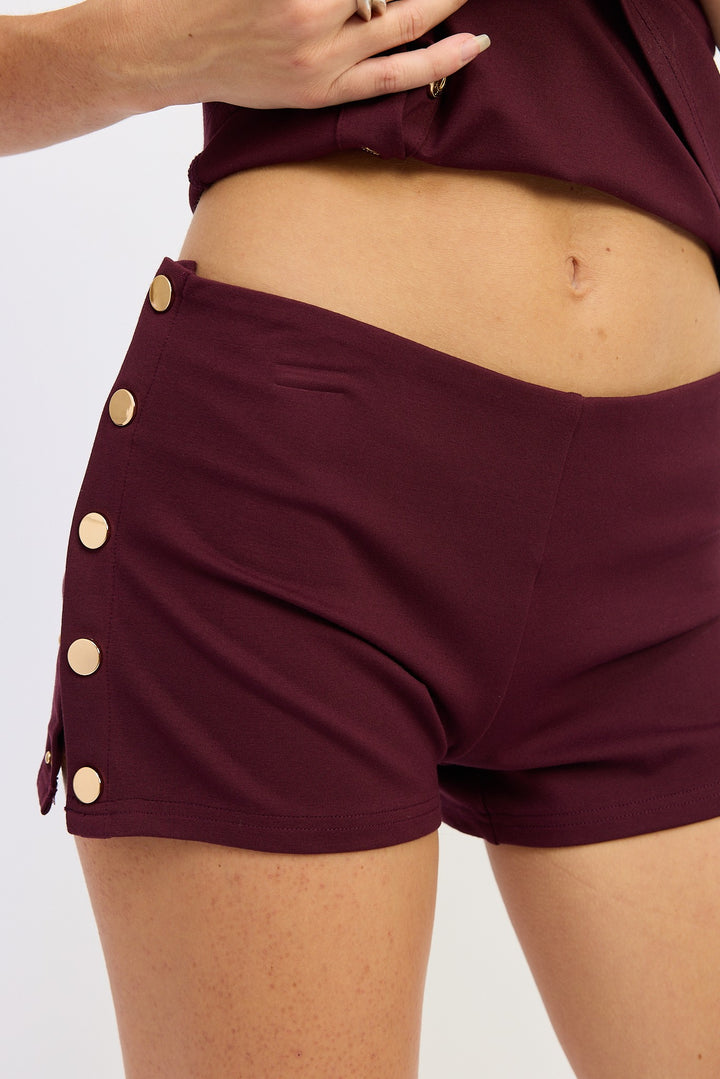 Cherry Lacquer Low Rise Micro Short With Snap Button Detail