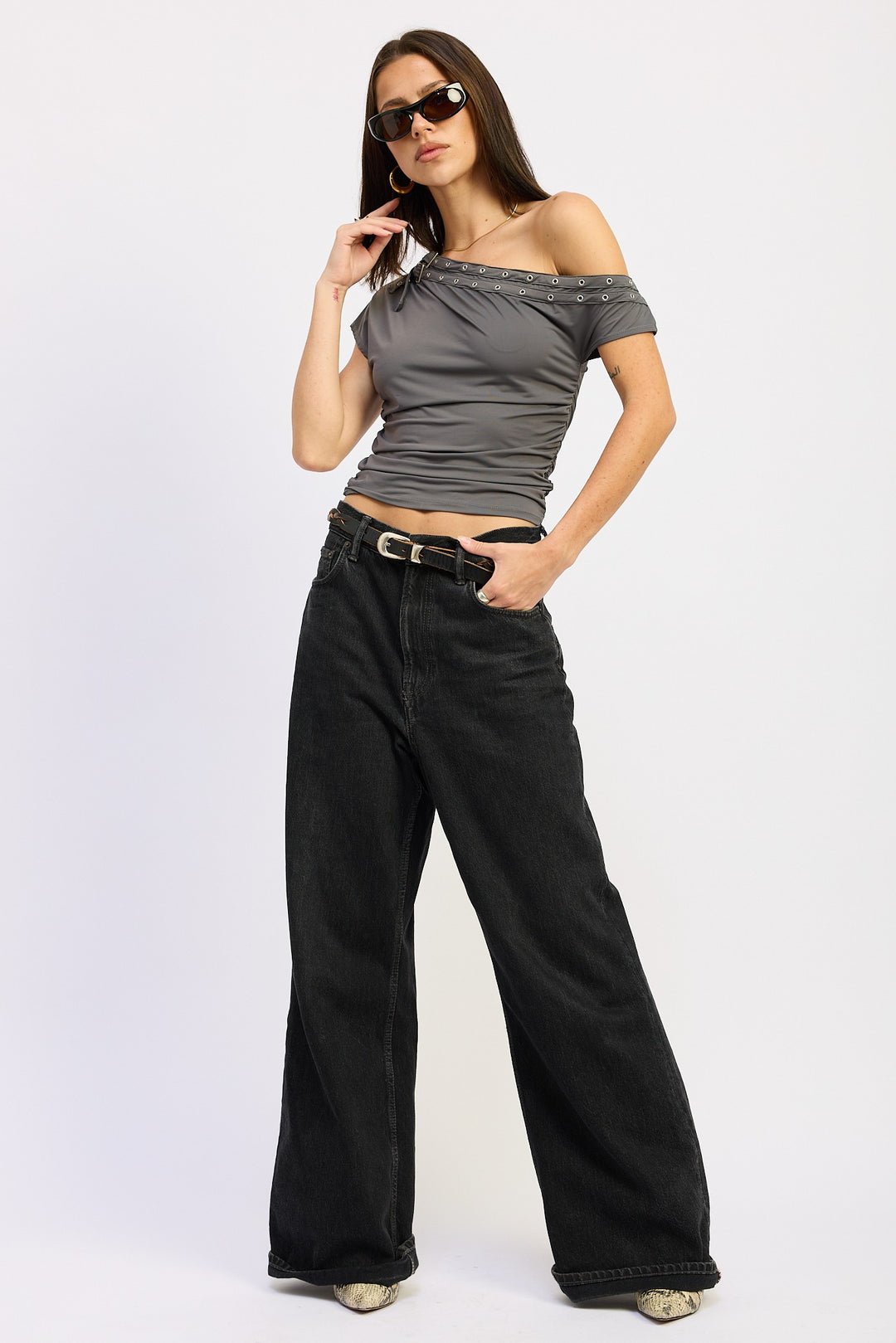 Slate Grey Grommet Belted Asymmetrical Top