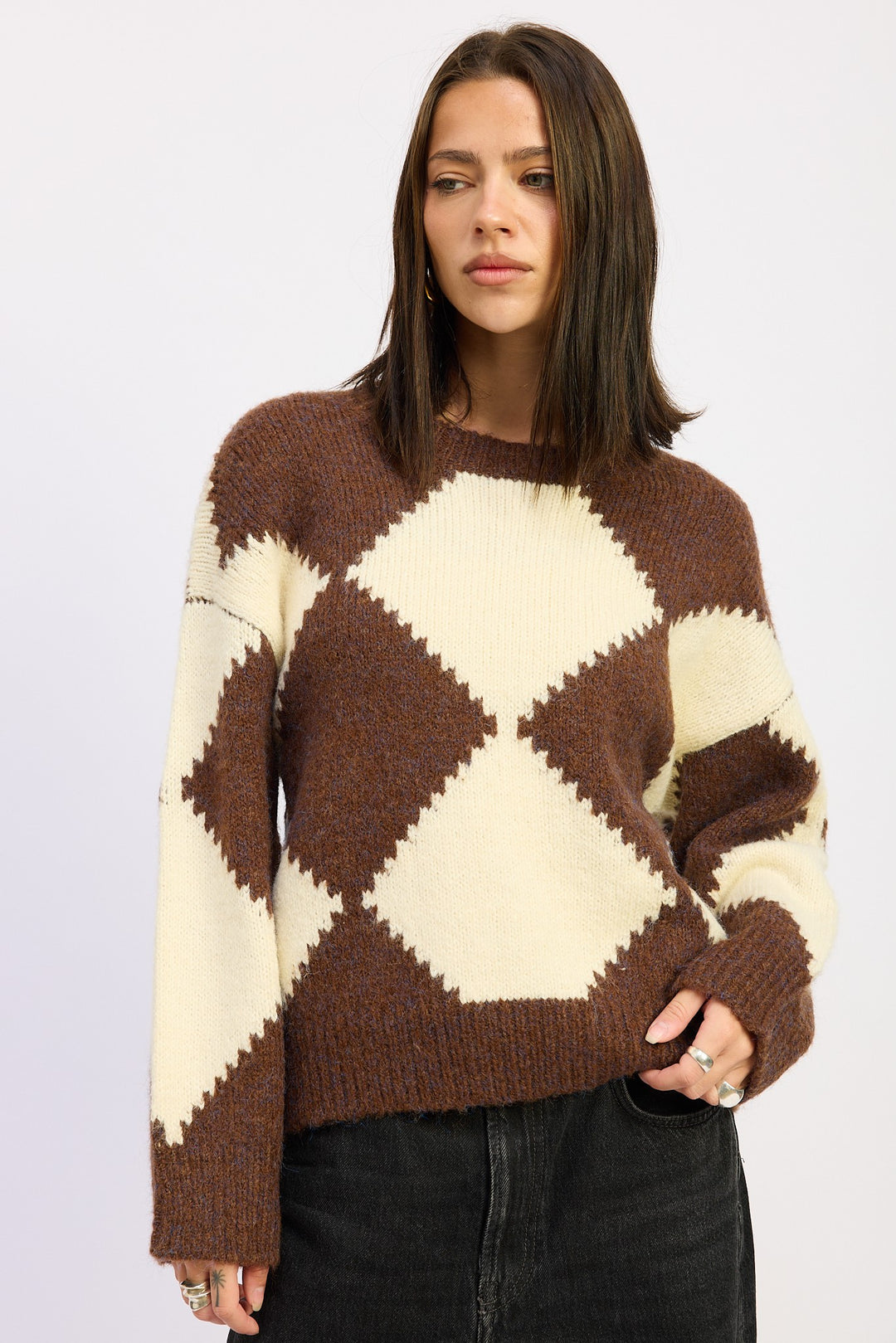 Chocolate Ivory Two Tone Argyle Oversized Sweater