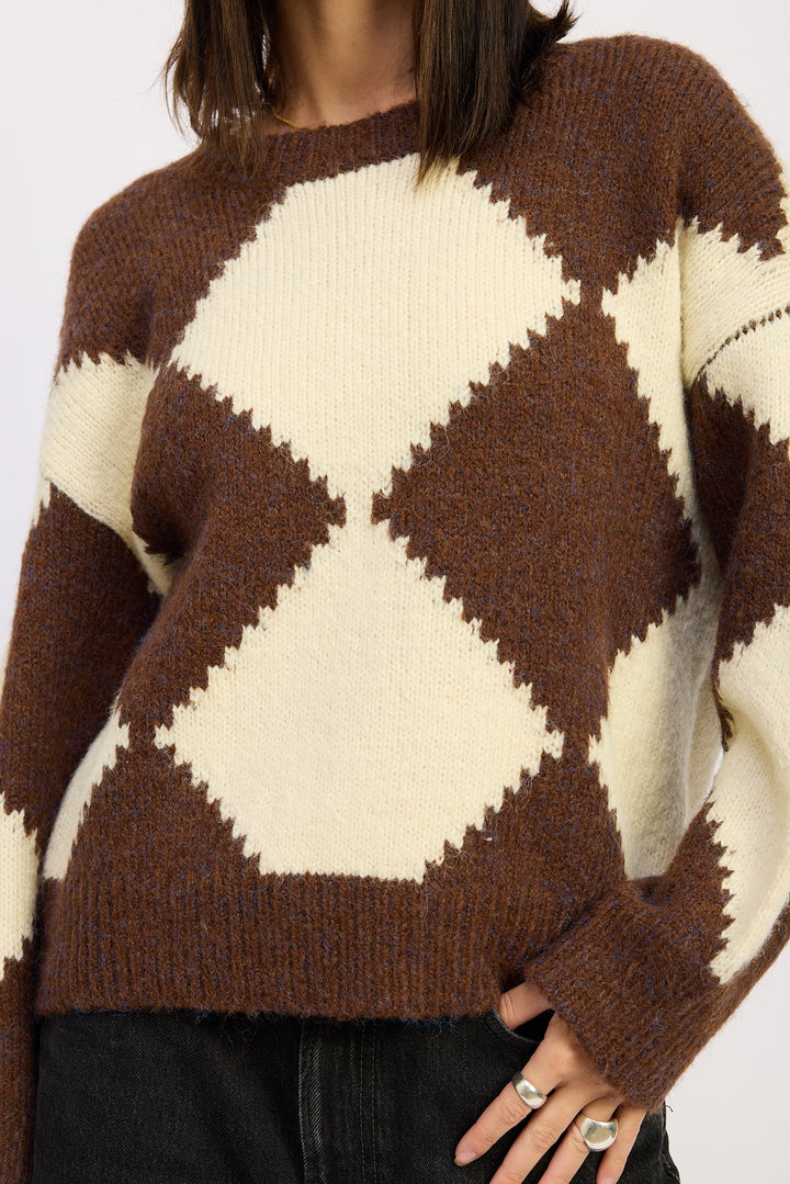 Chocolate Ivory Two Tone Argyle Oversized Sweater