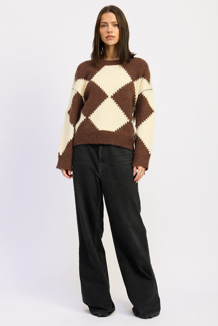 Chocolate Ivory Two Tone Argyle Oversized Sweater