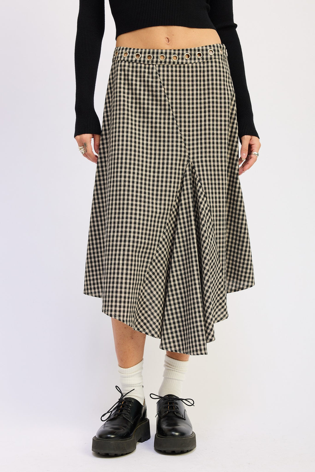 Black Beige Gingham Gingham Grommet Asymmetrical Skirt