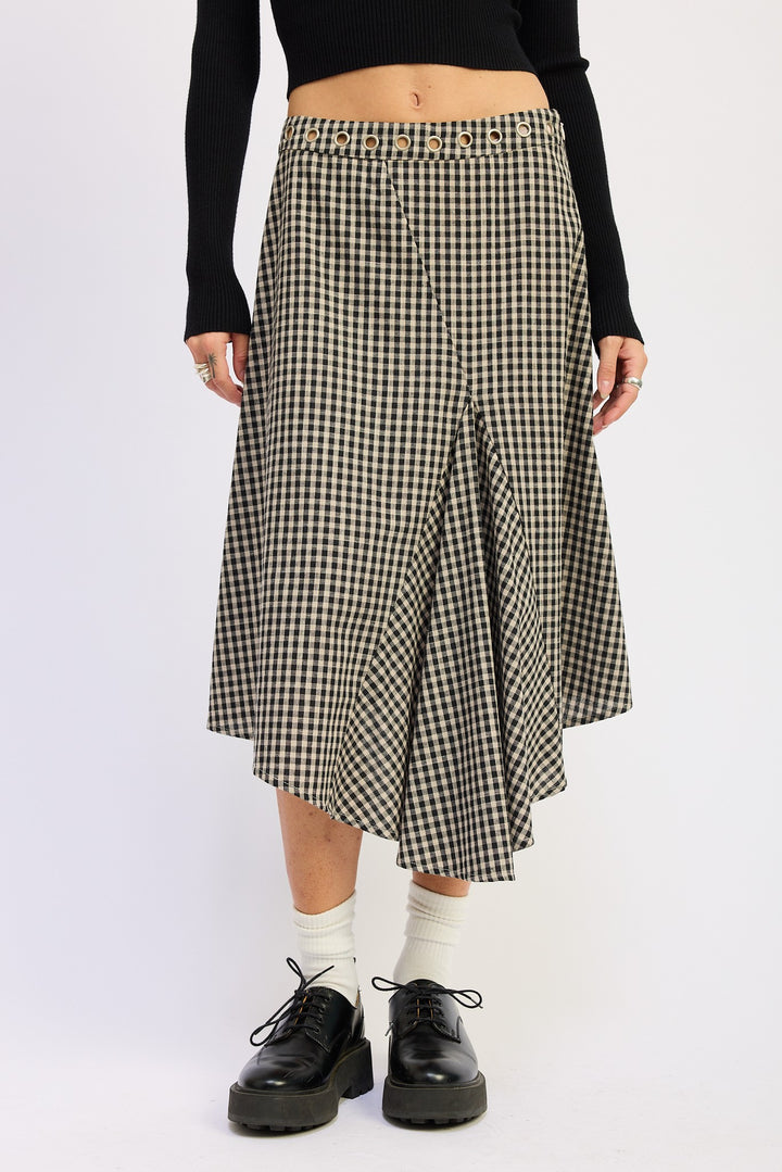Black Beige Gingham Gingham Grommet Asymmetrical Skirt