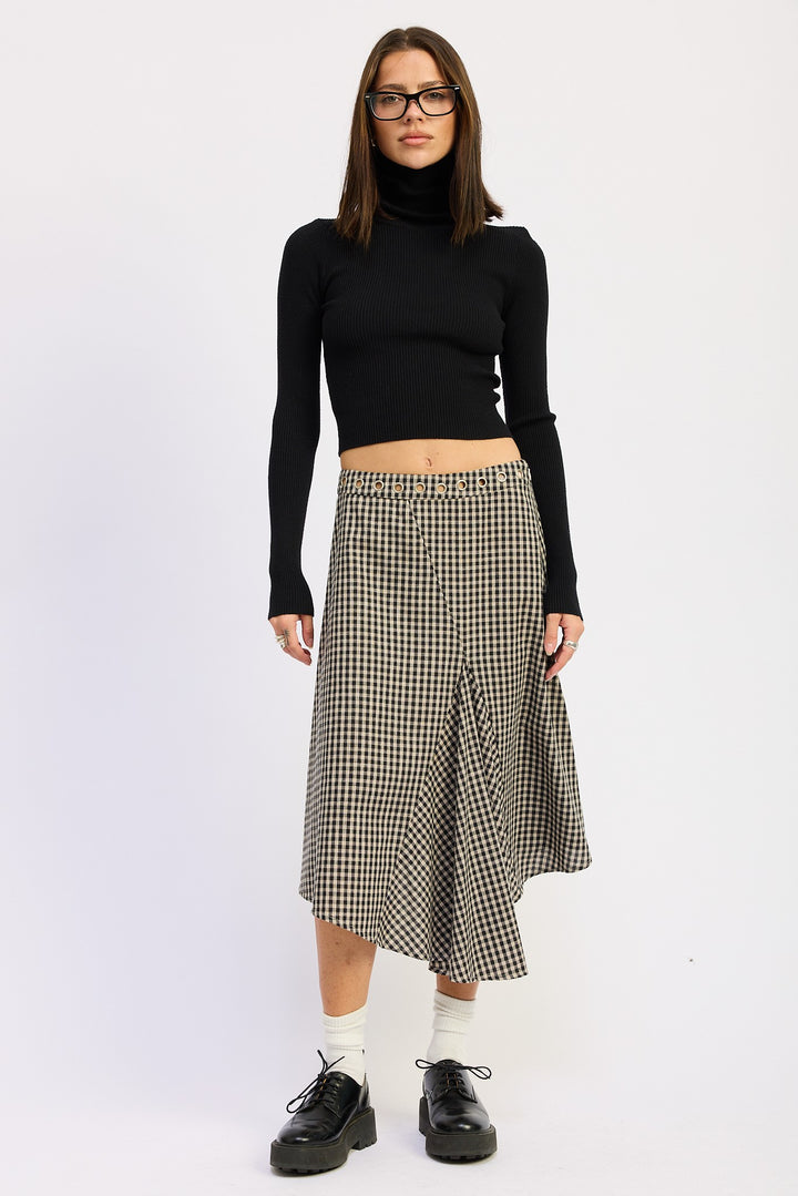 Black Beige Gingham Gingham Grommet Asymmetrical Skirt