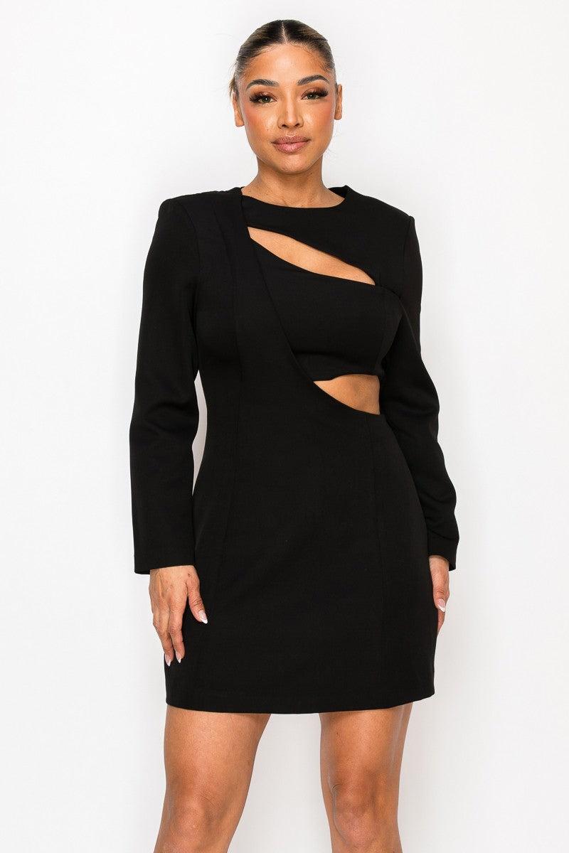 Black Elegant Cut Out In Long Sleeve Mini Dress 3