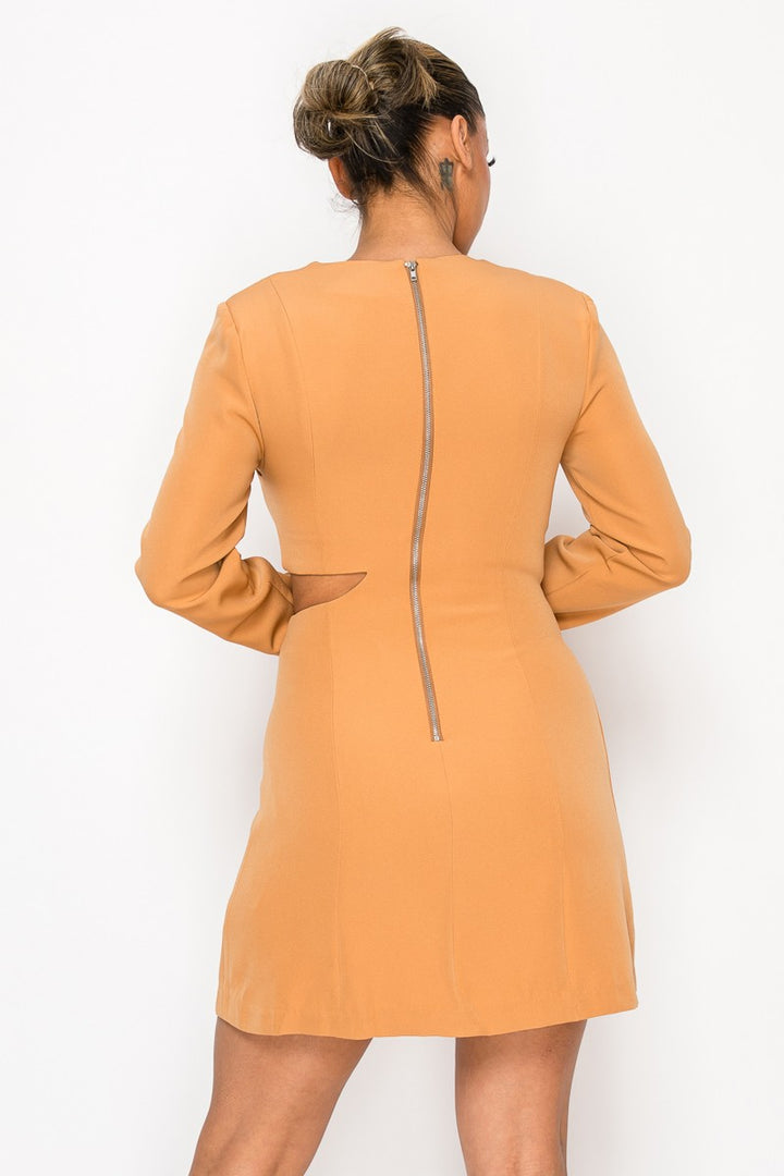 Camel Elegant Cut Out In Long Sleeve Mini Dress 1
